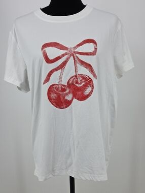 SHEIN White Short Sleeve Tee with Red Cherry Graphic